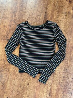 American Eagle Soft & Sexy Ribbed Black Multi Striped Long Sleeve Crop Top Sz XS